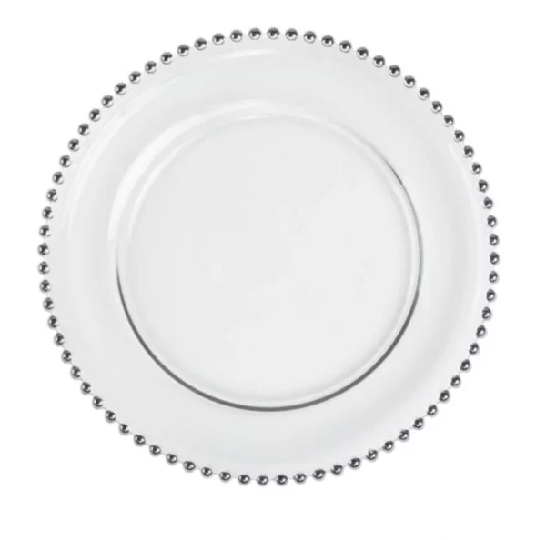 Silver Beaded Glass Charger with elegant beaded rim on a wedding table setting, perfect for sophisticated and timeless event decor.