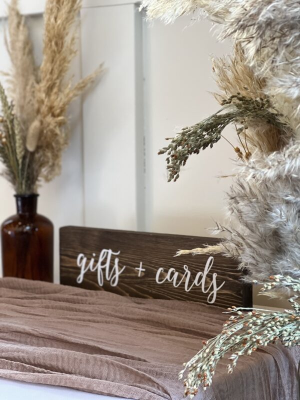 Rustic "Gifts + Cards" wooden sign with elegant lettering, perfect for guiding guests at wedding gift tables or receptions.