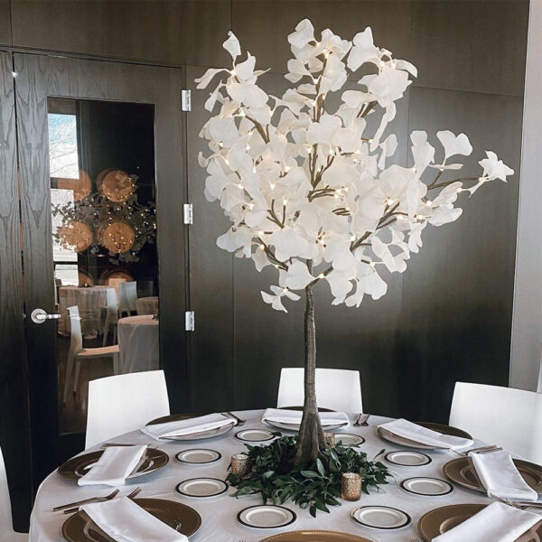 LED Tabletop Tree with warm white lights, 4-ft tall, perfect for wedding decor, receptions, romantic celebrations, and tablescapes.